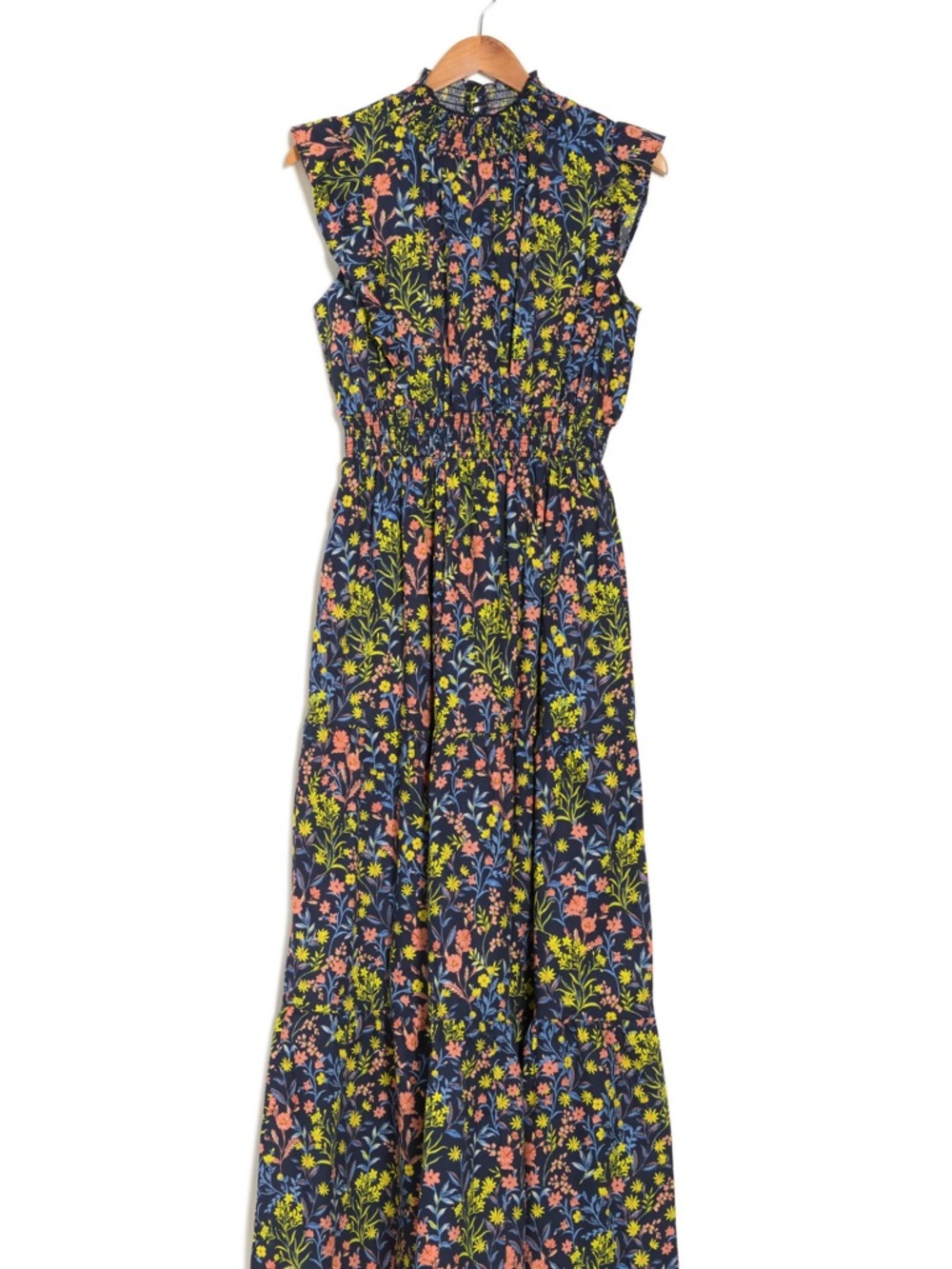 MELLODAY Navy Floral Maxi Dress with Yellow & Coral Accents